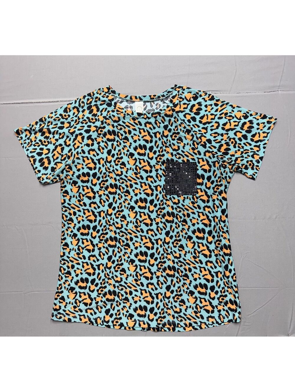 Sunshine & Rodeos Women Adult M T-Shirt Leopard Print Sequin Pocket Teal Orange